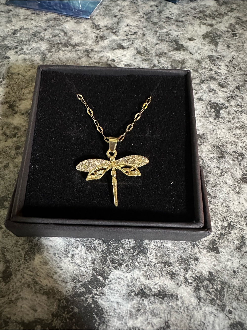 14kt Gold Plated Stainless Steel Dragonfly Rhinestone Pendant Necklace